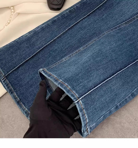 Vintage Blue Women Flare Pants Two - Button High Waist Slim Denim Trousers - American Thistle Vintage Blue Women Flare Pants Two - Button High Waist Slim Denim Trousers