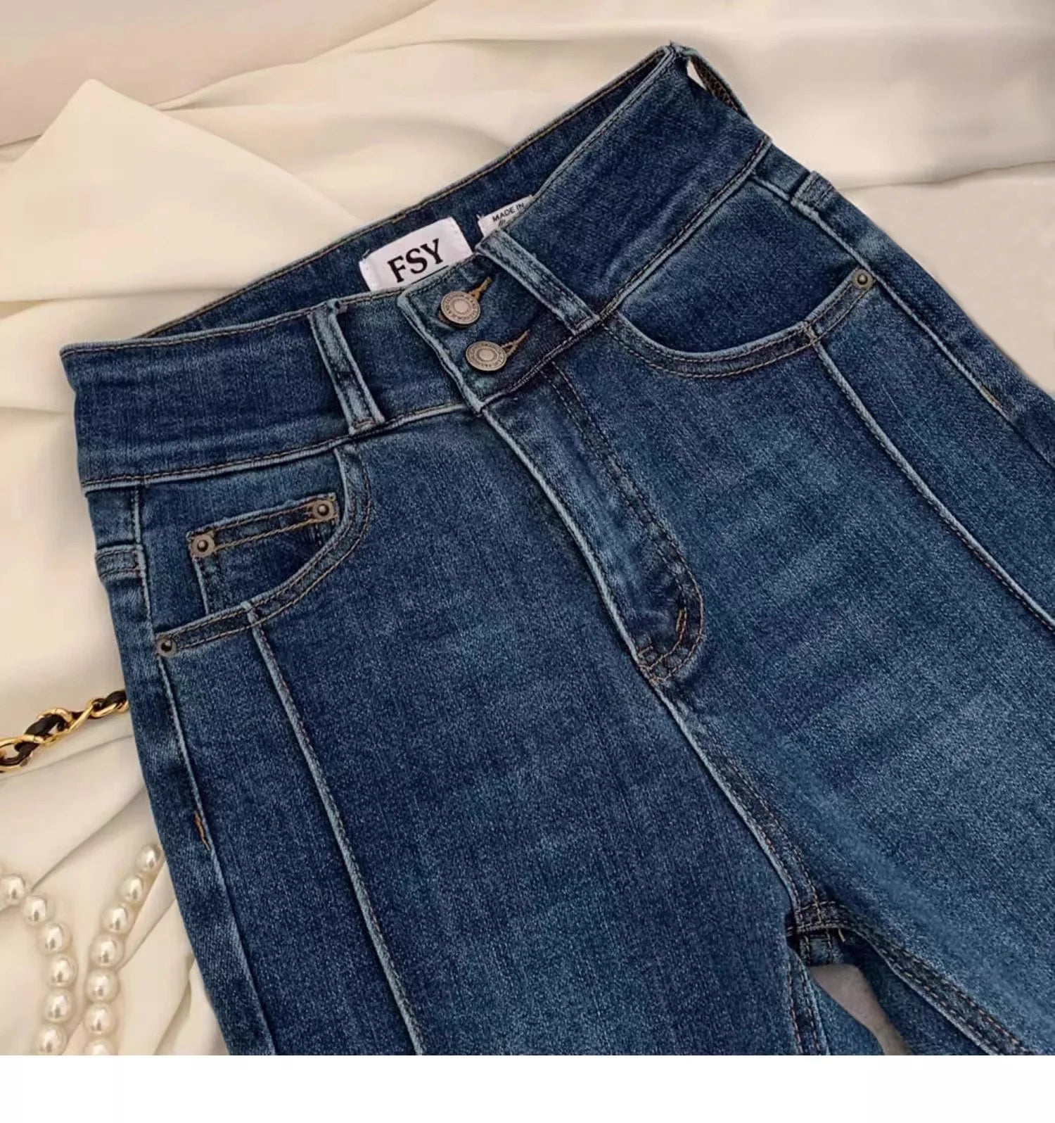 Vintage Blue Women Flare Pants Two - Button High Waist Slim Denim Trousers - American Thistle Vintage Blue Women Flare Pants Two - Button High Waist Slim Denim Trousers