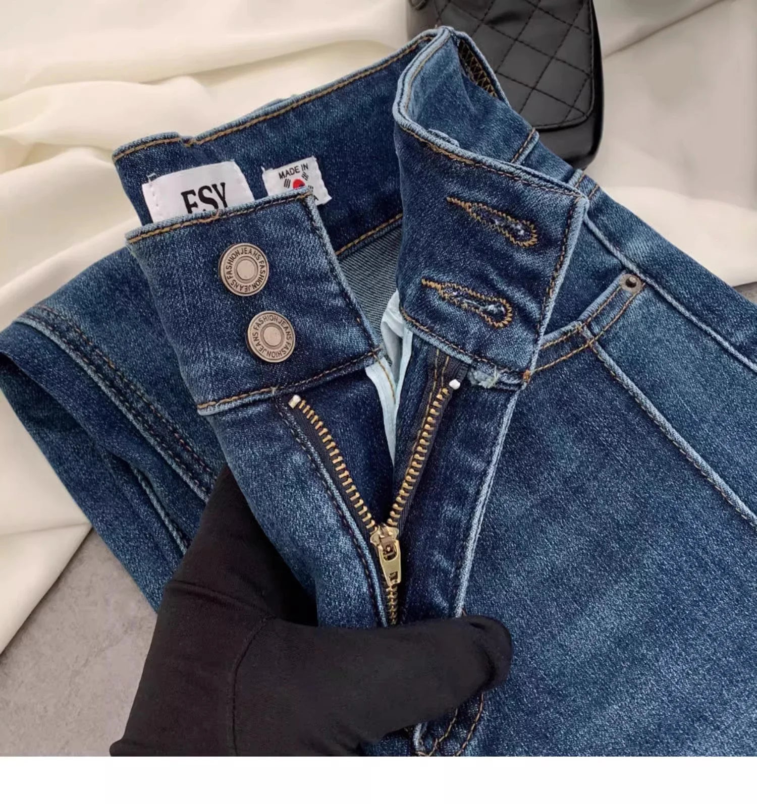 Vintage Blue Women Flare Pants Two - Button High Waist Slim Denim Trousers - American Thistle Vintage Blue Women Flare Pants Two - Button High Waist Slim Denim Trousers