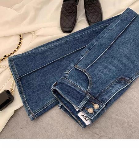 Vintage Blue Women Flare Pants Two - Button High Waist Slim Denim Trousers - American Thistle Vintage Blue Women Flare Pants Two - Button High Waist Slim Denim Trousers