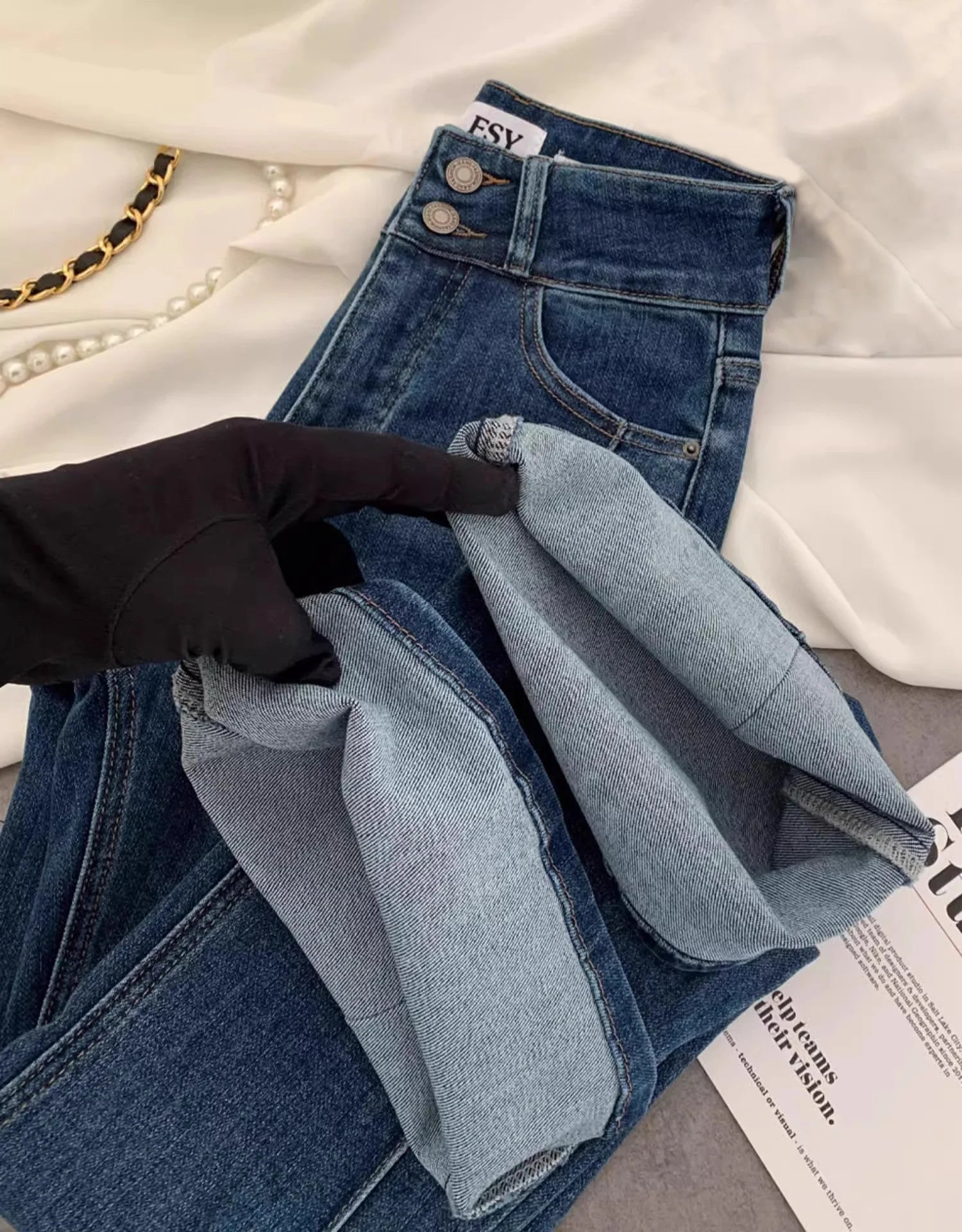 Vintage Blue Women Flare Pants Two - Button High Waist Slim Denim Trousers - American Thistle Vintage Blue Women Flare Pants Two - Button High Waist Slim Denim Trousers