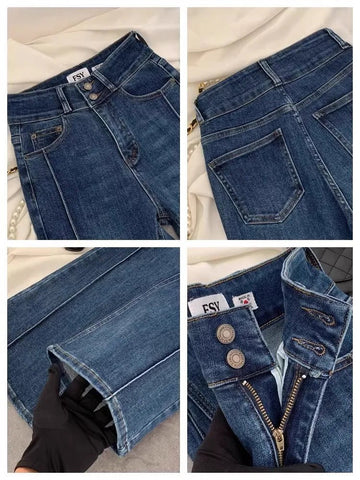 Vintage Blue Women Flare Pants Two - Button High Waist Slim Denim Trousers - American Thistle Vintage Blue Women Flare Pants Two - Button High Waist Slim Denim Trousers