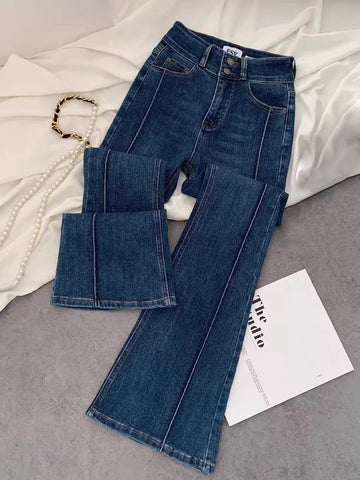 Vintage Blue Women Flare Pants Two - Button High Waist Slim Denim Trousers - American Thistle Vintage Blue Women Flare Pants Two - Button High Waist Slim Denim Trousers