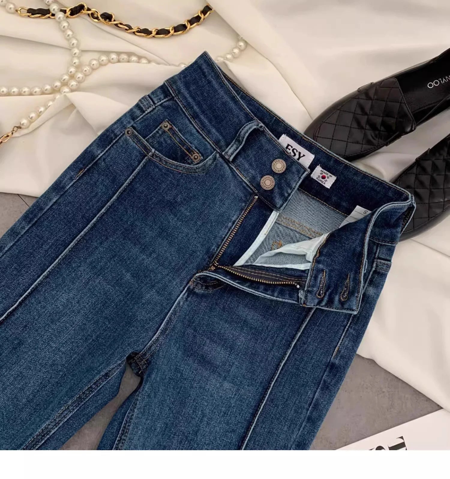 Vintage Blue Women Flare Pants Two - Button High Waist Slim Denim Trousers - American Thistle Vintage Blue Women Flare Pants Two - Button High Waist Slim Denim Trousers