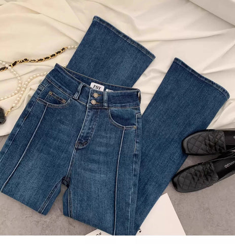 Vintage Blue Women Flare Pants Two - Button High Waist Slim Denim Trousers - American Thistle Vintage Blue Women Flare Pants Two - Button High Waist Slim Denim Trousers