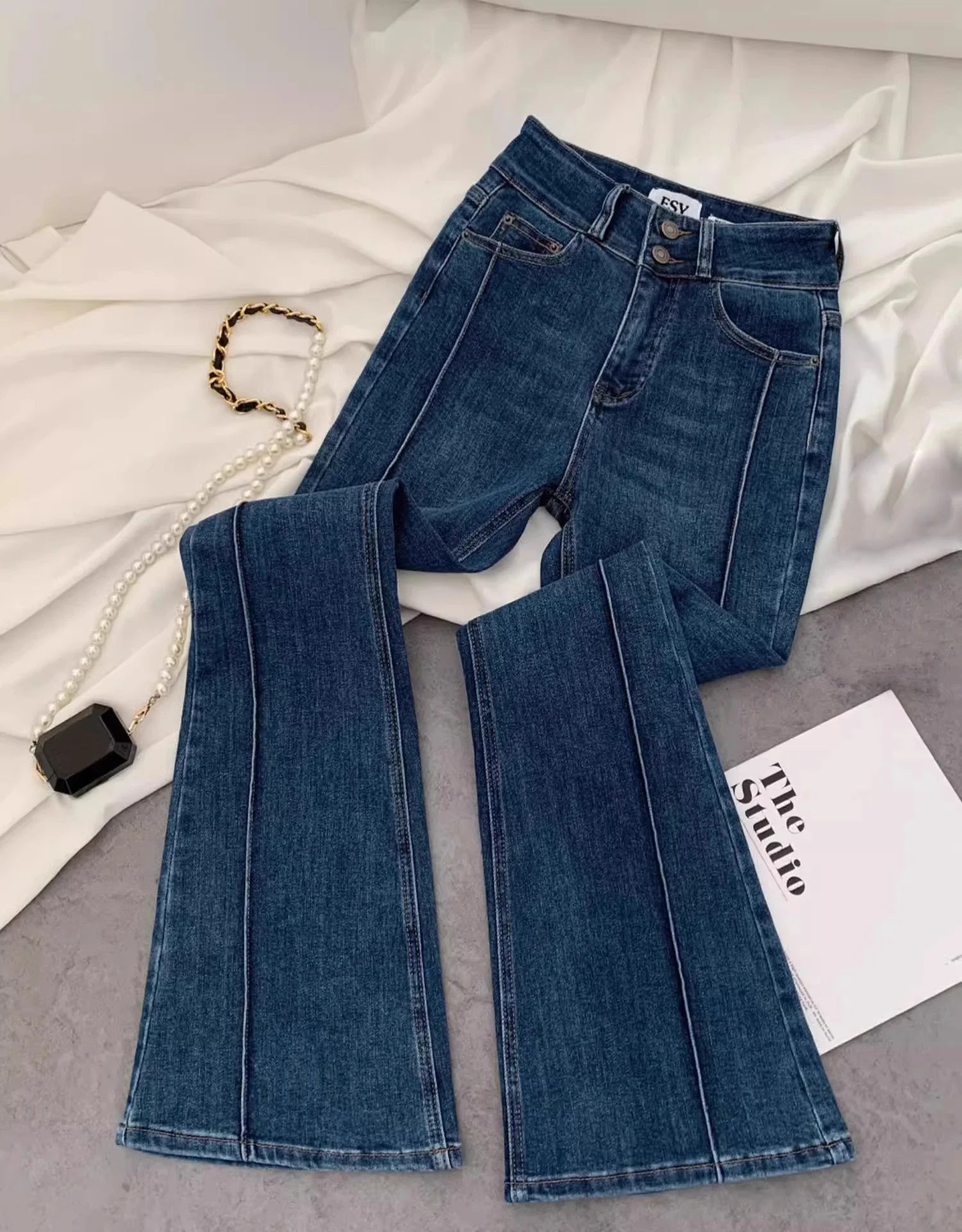 Vintage Blue Women Flare Pants Two - Button High Waist Slim Denim Trousers - American Thistle Vintage Blue Women Flare Pants Two - Button High Waist Slim Denim Trousers