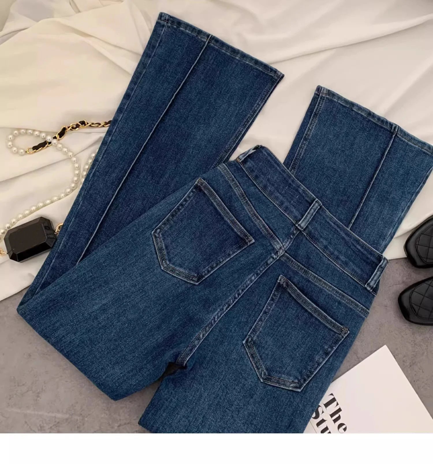 Vintage Blue Women Flare Pants Two - Button High Waist Slim Denim Trousers - American Thistle Vintage Blue Women Flare Pants Two - Button High Waist Slim Denim Trousers