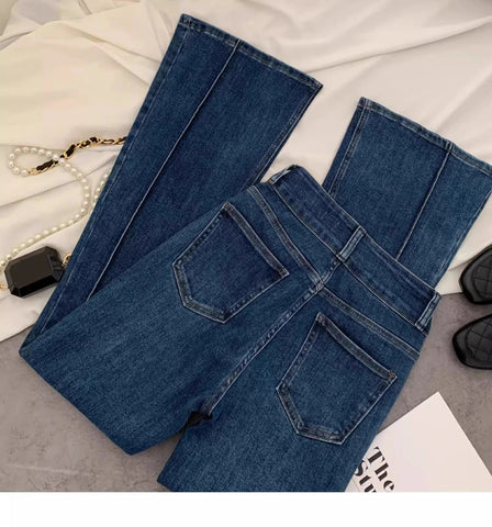 Vintage Blue Women Flare Pants Two - Button High Waist Slim Denim Trousers - American Thistle Vintage Blue Women Flare Pants Two - Button High Waist Slim Denim Trousers
