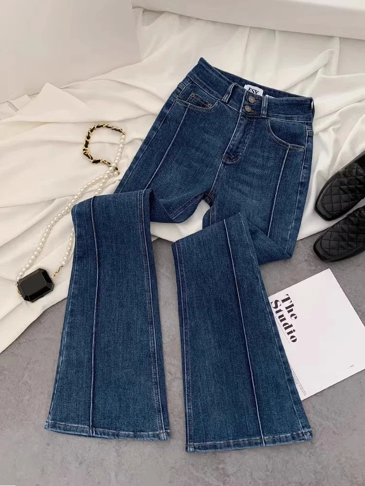 Vintage Blue Women Flare Pants Two - Button High Waist Slim Denim Trousers - American Thistle Vintage Blue Women Flare Pants Two - Button High Waist Slim Denim Trousers