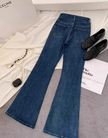 Vintage Blue Women Flare Pants Two - Button High Waist Slim Denim Trousers - American Thistle Vintage Blue Women Flare Pants Two - Button High Waist Slim Denim Trousers