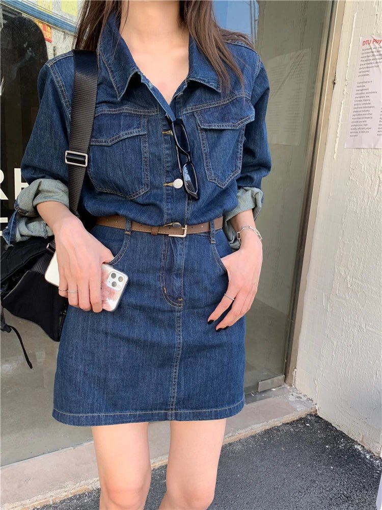 Vintage Denim Dress For Women Spring Summer Long Sleeve Slim Fit Short Jean Dress Chic Female Casual Mini Dress Street wear - American Thistle Vintage Denim Dress For Women Spring Summer Long Sleeve Slim Fit Short Jean Dress Chic Female Casual Mini Dress Street wear