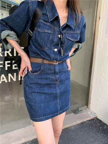 Vintage Denim Dress For Women Spring Summer Long Sleeve Slim Fit Short Jean Dress Chic Female Casual Mini Dress Street wear - American Thistle Vintage Denim Dress For Women Spring Summer Long Sleeve Slim Fit Short Jean Dress Chic Female Casual Mini Dress Street wear