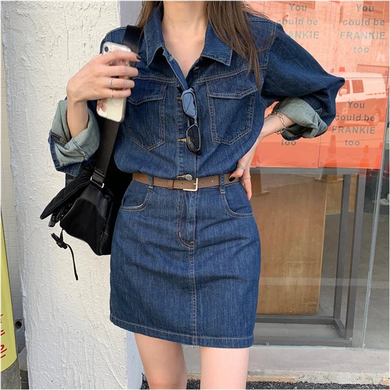 Vintage Denim Dress For Women Spring Summer Long Sleeve Slim Fit Short Jean Dress Chic Female Casual Mini Dress Street wear - American Thistle Vintage Denim Dress For Women Spring Summer Long Sleeve Slim Fit Short Jean Dress Chic Female Casual Mini Dress Street wear