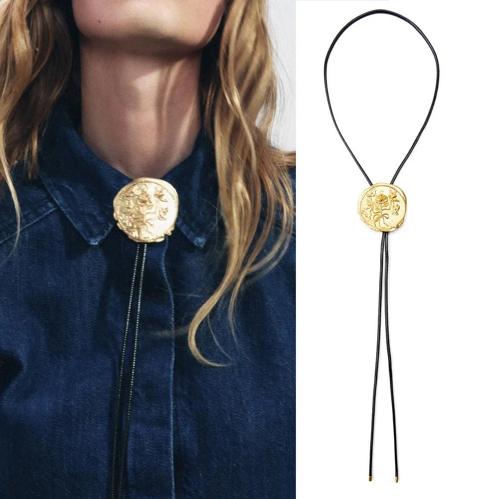 Vintage Irregular Metal Rose Round Label Adjustable Rope Chain Western Cowboy Style Necklace Women Personalized Jewelry - American ThistleVintage Irregular Metal Rose Round Label Adjustable Rope Chain Western Cowboy Style Necklace Women Personalized Jewelry
