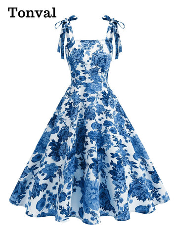 Vintage Knot Straps Summer Dress Flare Floral Print Backless Swing Dresses - American Thistle Vintage Knot Straps Summer Dress Flare Floral Print Backless Swing Dresses