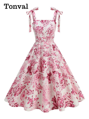 Vintage Knot Straps Summer Dress Flare Floral Print Backless Swing Dresses - American Thistle Vintage Knot Straps Summer Dress Flare Floral Print Backless Swing Dresses