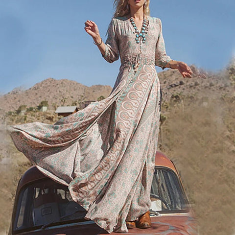 Vintage Pattern Printed Bohemian Long Dress Elegant - American Thistle Vintage Pattern Printed Bohemian Long Dress Elegant