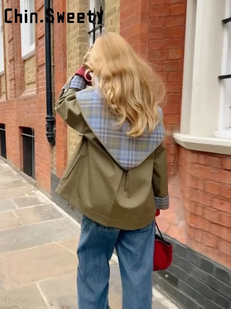 Vintage Plaid Reversible Two - Way Coat Women Oversize Single Breasted Pocket Loose Jacket - American Thistle Vintage Plaid Reversible Two - Way Coat Women Oversize Single Breasted Pocket Loose Jacket