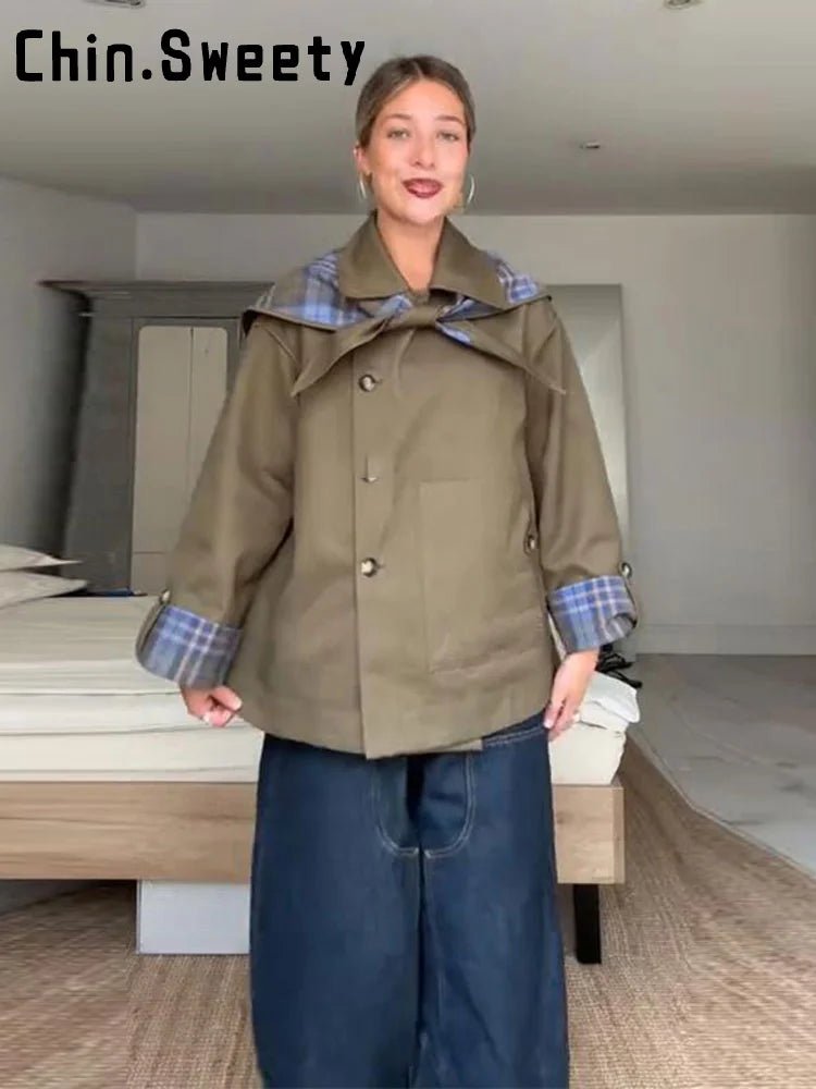 Vintage Plaid Reversible Two - Way Coat Women Oversize Single Breasted Pocket Loose Jacket - American Thistle Vintage Plaid Reversible Two - Way Coat Women Oversize Single Breasted Pocket Loose Jacket