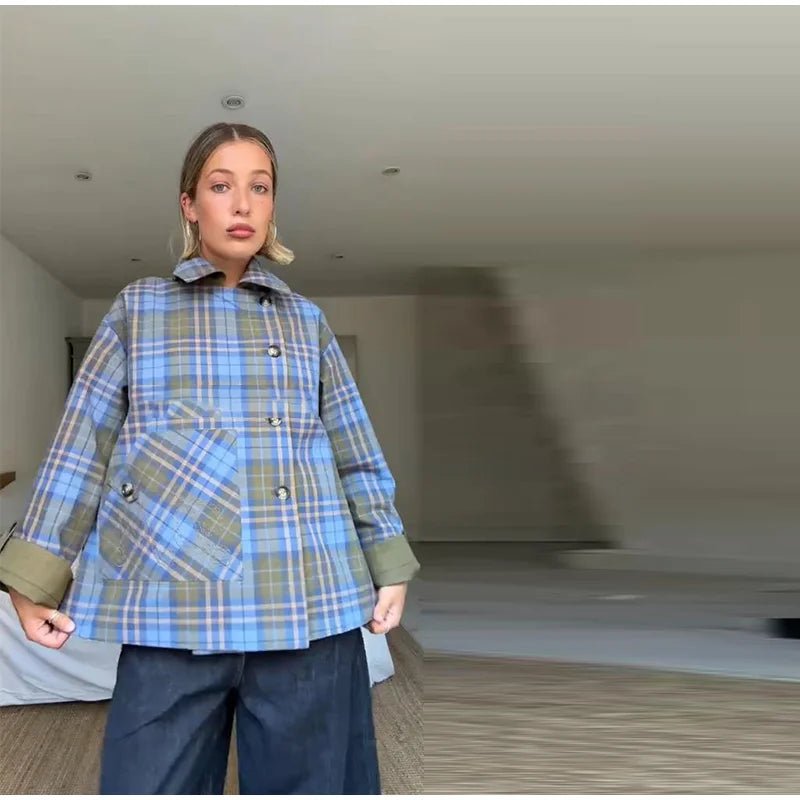 Vintage Plaid Reversible Two - Way Coat Women Oversize Single Breasted Pocket Loose Jacket - American Thistle Vintage Plaid Reversible Two - Way Coat Women Oversize Single Breasted Pocket Loose Jacket