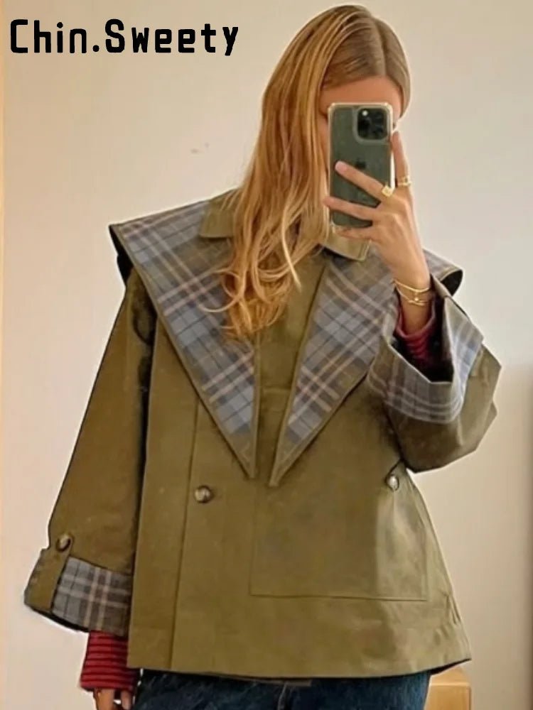 Vintage Plaid Reversible Two - Way Coat Women Oversize Single Breasted Pocket Loose Jacket - American Thistle Vintage Plaid Reversible Two - Way Coat Women Oversize Single Breasted Pocket Loose Jacket
