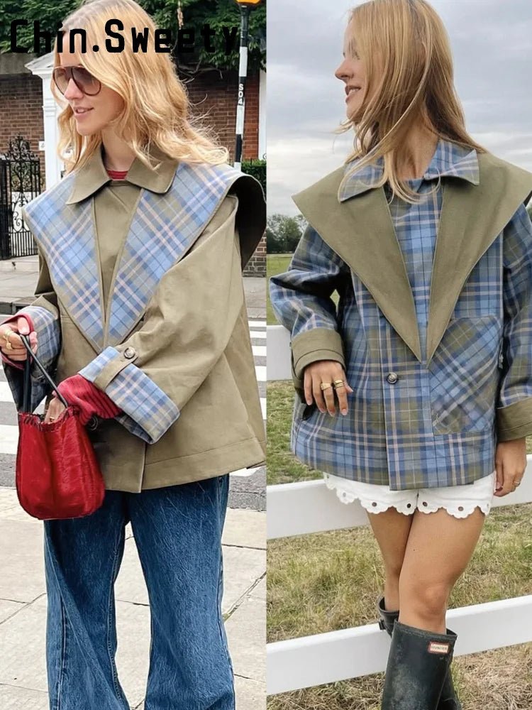 Vintage Plaid Reversible Two - Way Coat Women Oversize Single Breasted Pocket Loose Jacket - American Thistle Vintage Plaid Reversible Two - Way Coat Women Oversize Single Breasted Pocket Loose Jacket