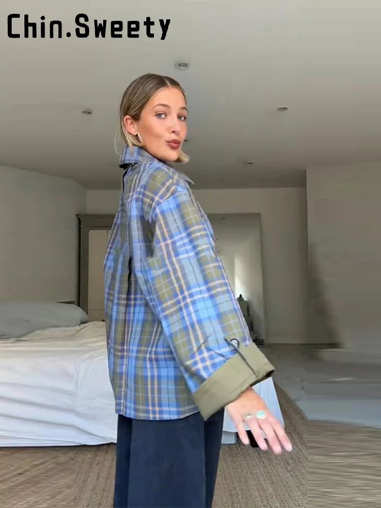 Vintage Plaid Reversible Two - Way Coat Women Oversize Single Breasted Pocket Loose Jacket - American Thistle Vintage Plaid Reversible Two - Way Coat Women Oversize Single Breasted Pocket Loose Jacket