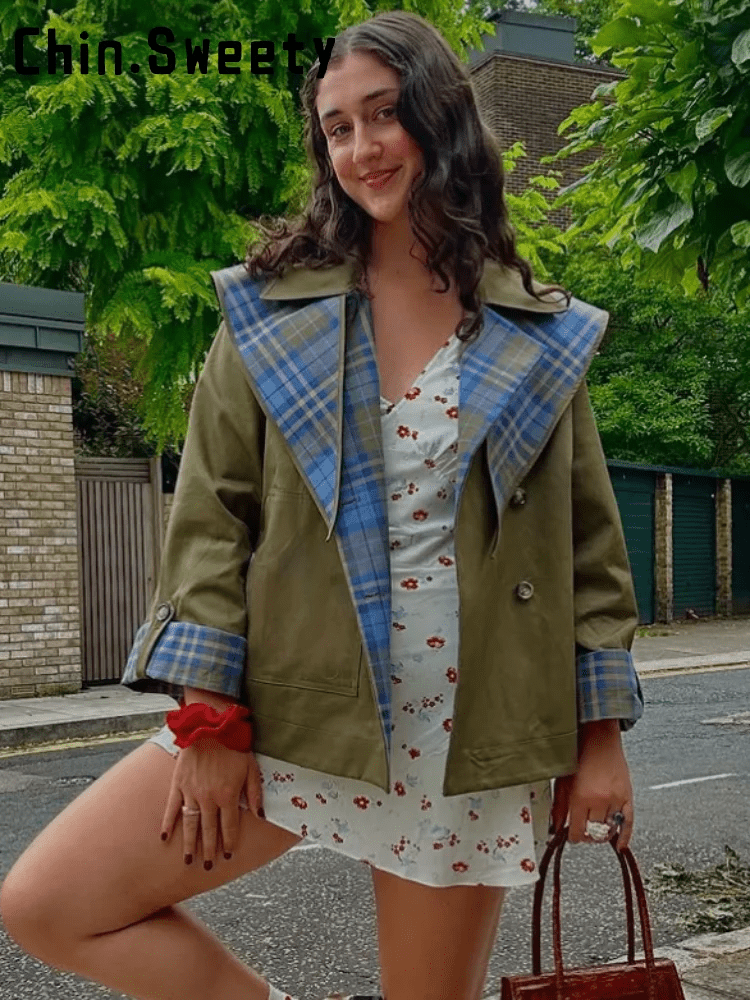 Vintage Plaid Reversible Two - Way Coat Women Oversize Single Breasted Pocket Loose Jacket - American Thistle Vintage Plaid Reversible Two - Way Coat Women Oversize Single Breasted Pocket Loose Jacket