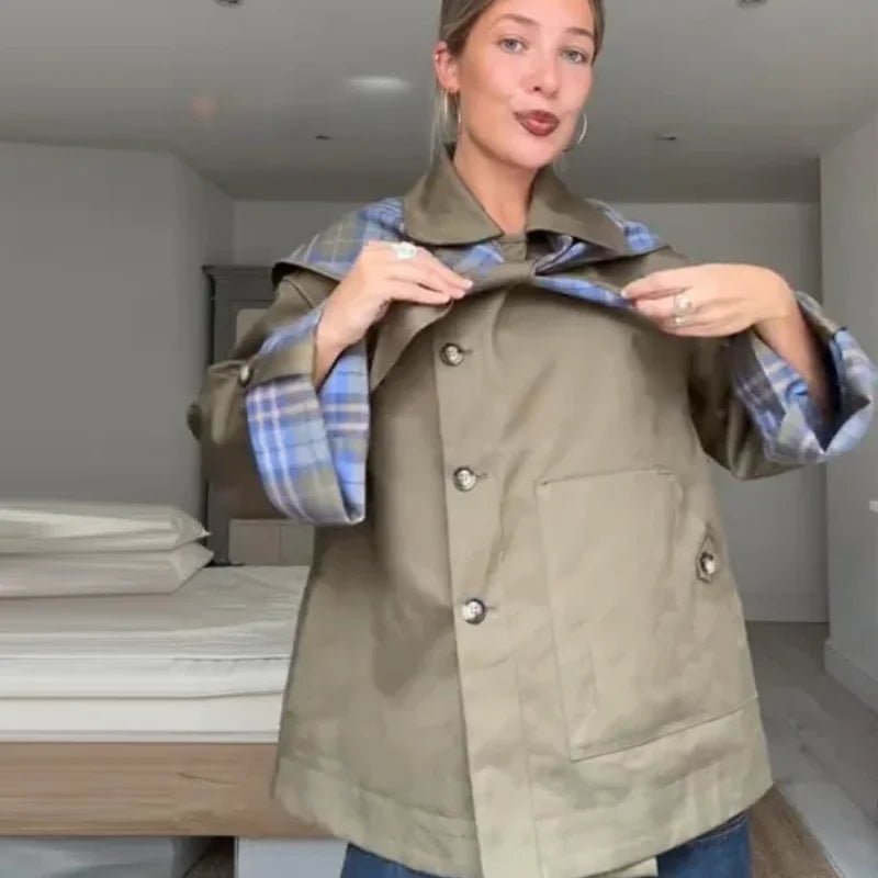 Vintage Plaid Reversible Two - Way Coat Women Oversize Single Breasted Pocket Loose Jacket - American Thistle Vintage Plaid Reversible Two - Way Coat Women Oversize Single Breasted Pocket Loose Jacket