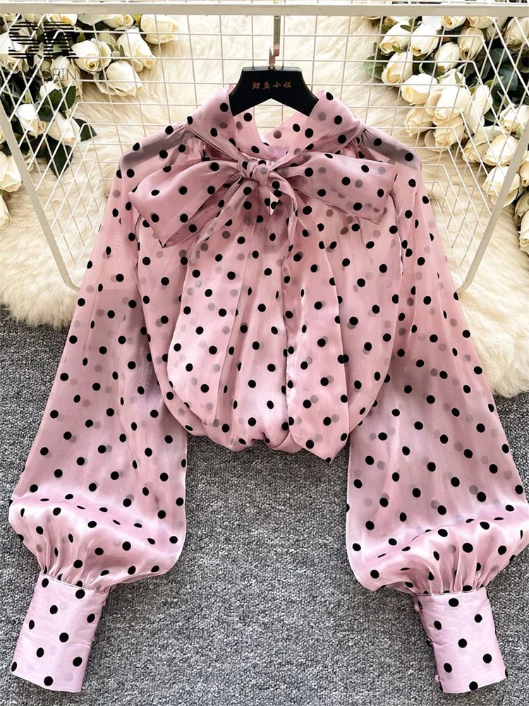 Vintage Polka Dot Tops Puff Sleeve Bow Lace Up Design Blouses - American Thistle Vintage Polka Dot Tops Puff Sleeve Bow Lace Up Design Blouses