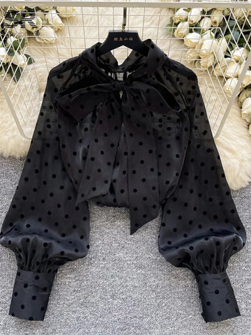 Vintage Polka Dot Tops Puff Sleeve Bow Lace Up Design Blouses - American Thistle Vintage Polka Dot Tops Puff Sleeve Bow Lace Up Design Blouses