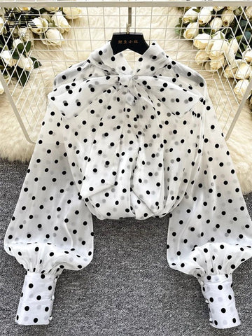 Vintage Polka Dot Tops Puff Sleeve Bow Lace Up Design Blouses - American Thistle Vintage Polka Dot Tops Puff Sleeve Bow Lace Up Design Blouses