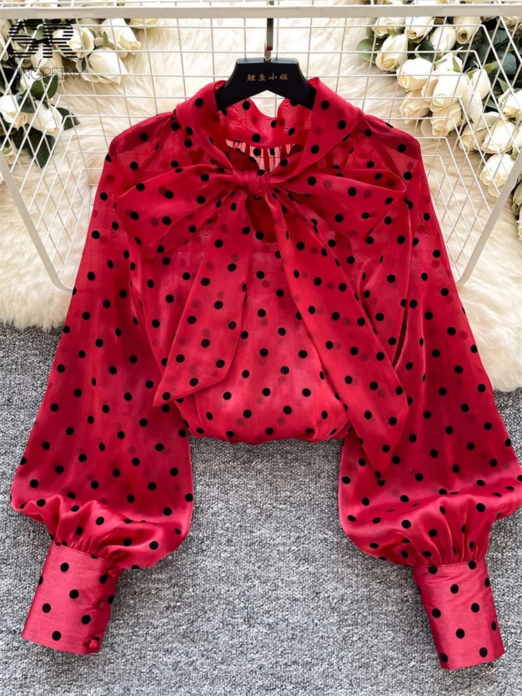 Vintage Polka Dot Tops Puff Sleeve Bow Lace Up Design Blouses - American Thistle Vintage Polka Dot Tops Puff Sleeve Bow Lace Up Design Blouses