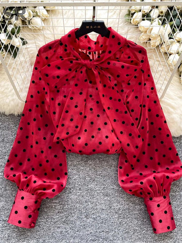 Vintage Polka Dot Tops Puff Sleeve Bow Lace Up Design Blouses - American Thistle Vintage Polka Dot Tops Puff Sleeve Bow Lace Up Design Blouses