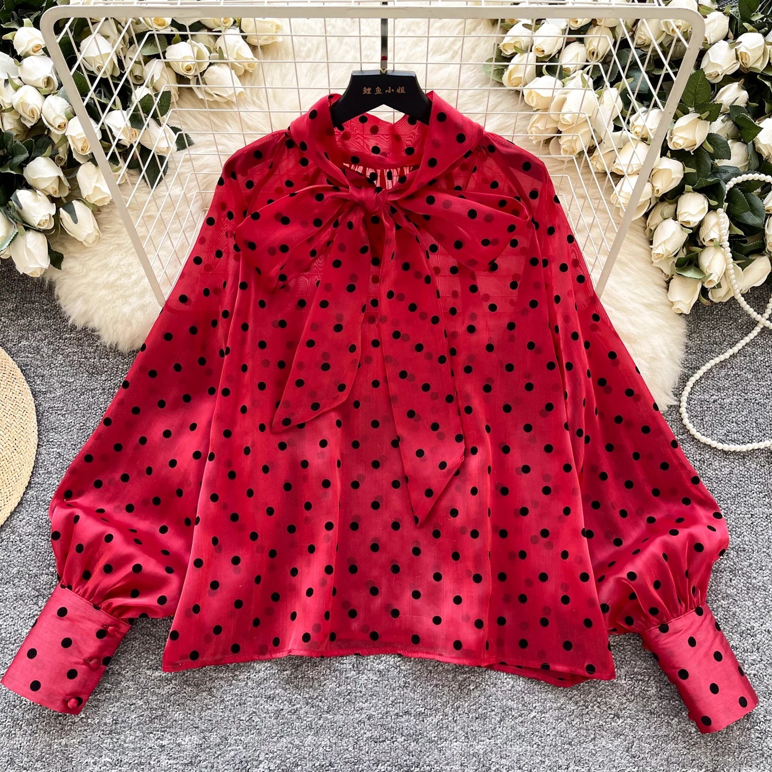 Vintage Polka Dot Tops Puff Sleeve Bow Lace Up Design Blouses - American Thistle Vintage Polka Dot Tops Puff Sleeve Bow Lace Up Design Blouses