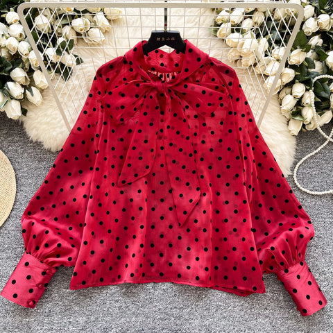Vintage Polka Dot Tops Puff Sleeve Bow Lace Up Design Blouses - American Thistle Vintage Polka Dot Tops Puff Sleeve Bow Lace Up Design Blouses