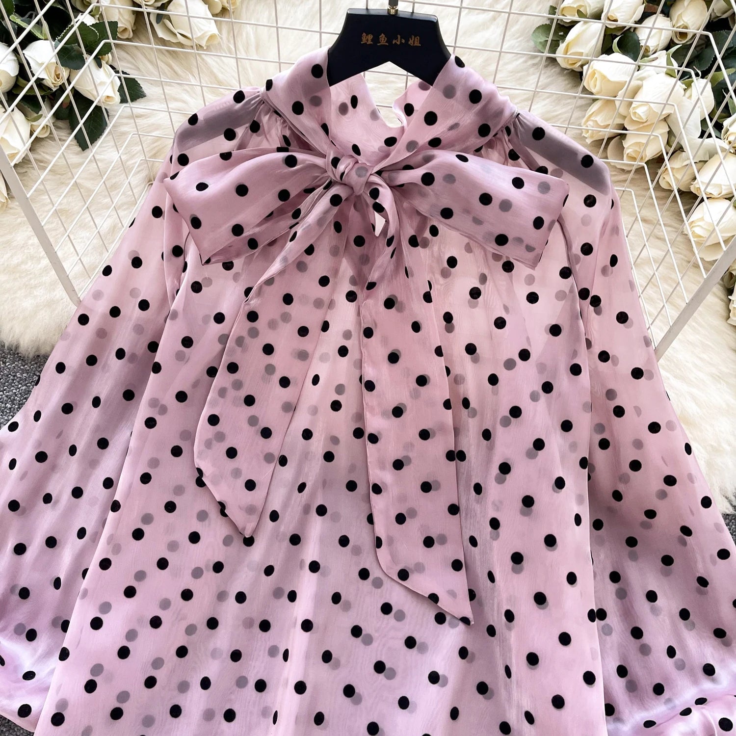 Vintage Polka Dot Tops Puff Sleeve Bow Lace Up Design Blouses - American Thistle Vintage Polka Dot Tops Puff Sleeve Bow Lace Up Design Blouses