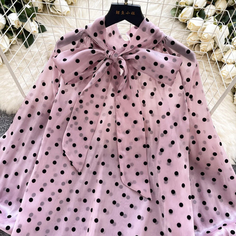 Vintage Polka Dot Tops Puff Sleeve Bow Lace Up Design Blouses - American Thistle Vintage Polka Dot Tops Puff Sleeve Bow Lace Up Design Blouses