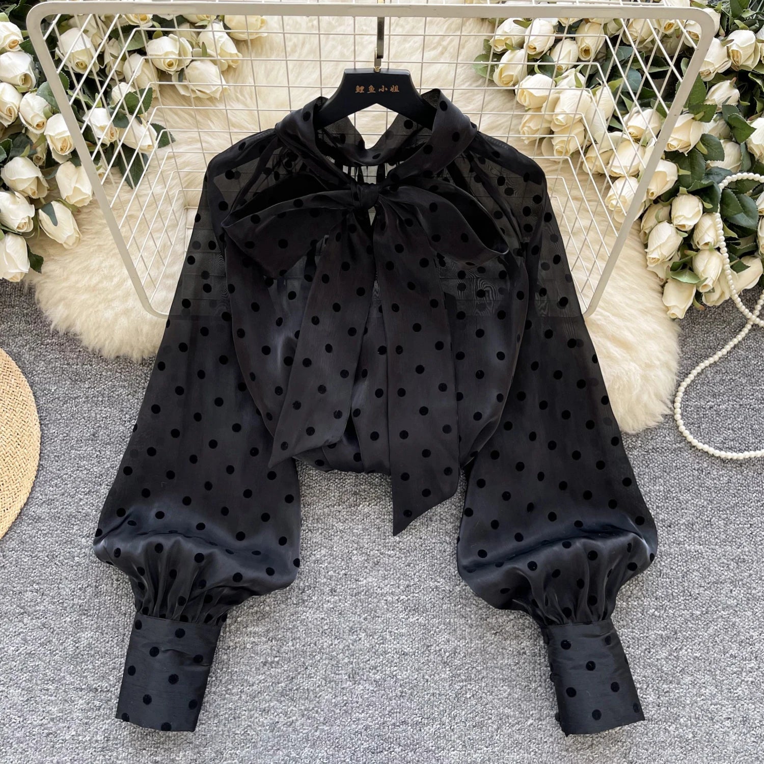 Vintage Polka Dot Tops Puff Sleeve Bow Lace Up Design Blouses - American Thistle Vintage Polka Dot Tops Puff Sleeve Bow Lace Up Design Blouses