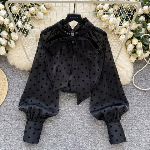 Vintage Polka Dot Tops Puff Sleeve Bow Lace Up Design Blouses - American Thistle Vintage Polka Dot Tops Puff Sleeve Bow Lace Up Design Blouses