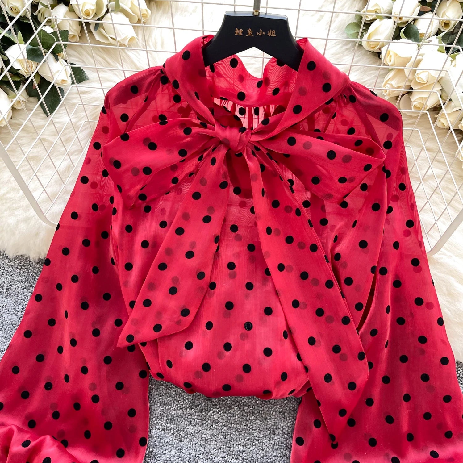 Vintage Polka Dot Tops Puff Sleeve Bow Lace Up Design Blouses - American Thistle Vintage Polka Dot Tops Puff Sleeve Bow Lace Up Design Blouses