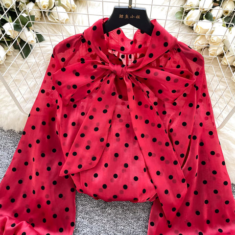 Vintage Polka Dot Tops Puff Sleeve Bow Lace Up Design Blouses - American Thistle Vintage Polka Dot Tops Puff Sleeve Bow Lace Up Design Blouses