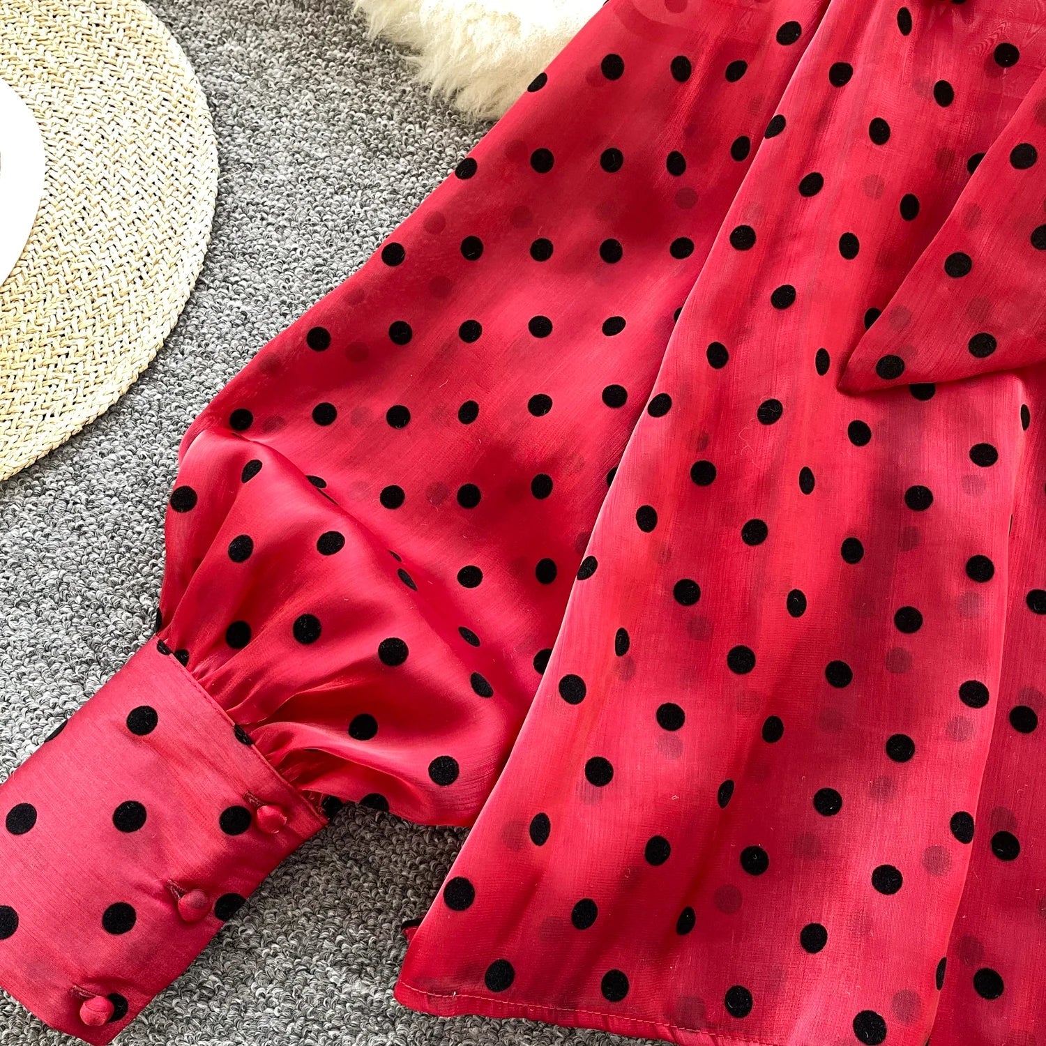 Vintage Polka Dot Tops Puff Sleeve Bow Lace Up Design Blouses - American Thistle Vintage Polka Dot Tops Puff Sleeve Bow Lace Up Design Blouses