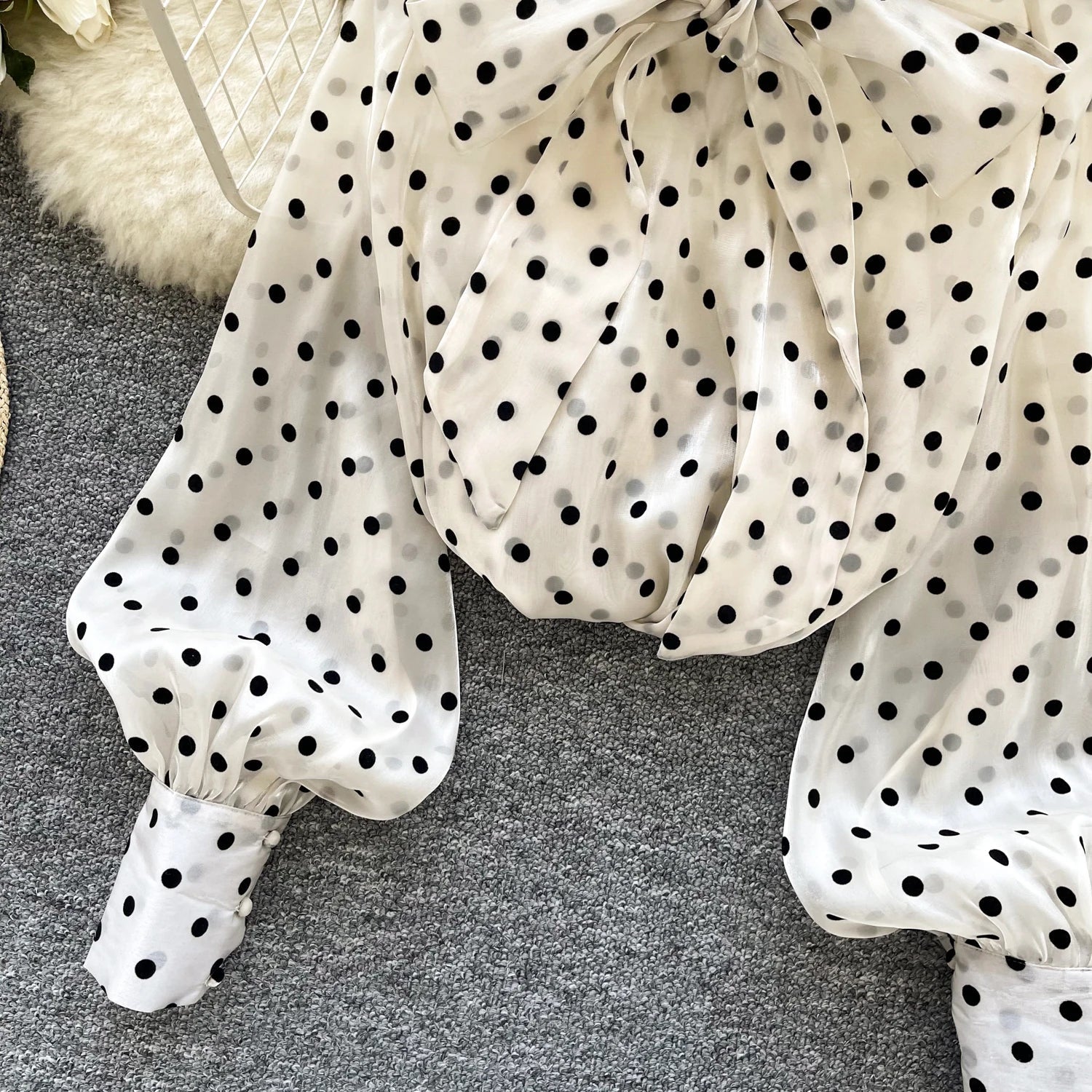 Vintage Polka Dot Tops Puff Sleeve Bow Lace Up Design Blouses - American Thistle Vintage Polka Dot Tops Puff Sleeve Bow Lace Up Design Blouses