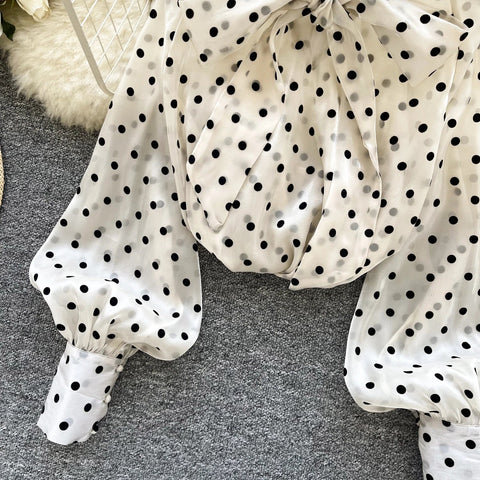 Vintage Polka Dot Tops Puff Sleeve Bow Lace Up Design Blouses - American Thistle Vintage Polka Dot Tops Puff Sleeve Bow Lace Up Design Blouses