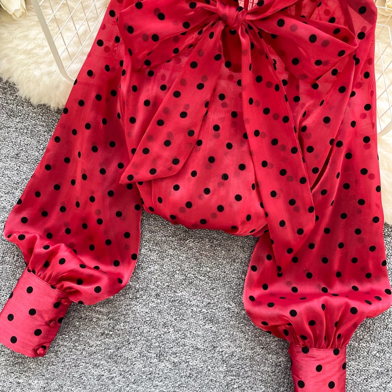 Vintage Polka Dot Tops Puff Sleeve Bow Lace Up Design Blouses - American Thistle Vintage Polka Dot Tops Puff Sleeve Bow Lace Up Design Blouses