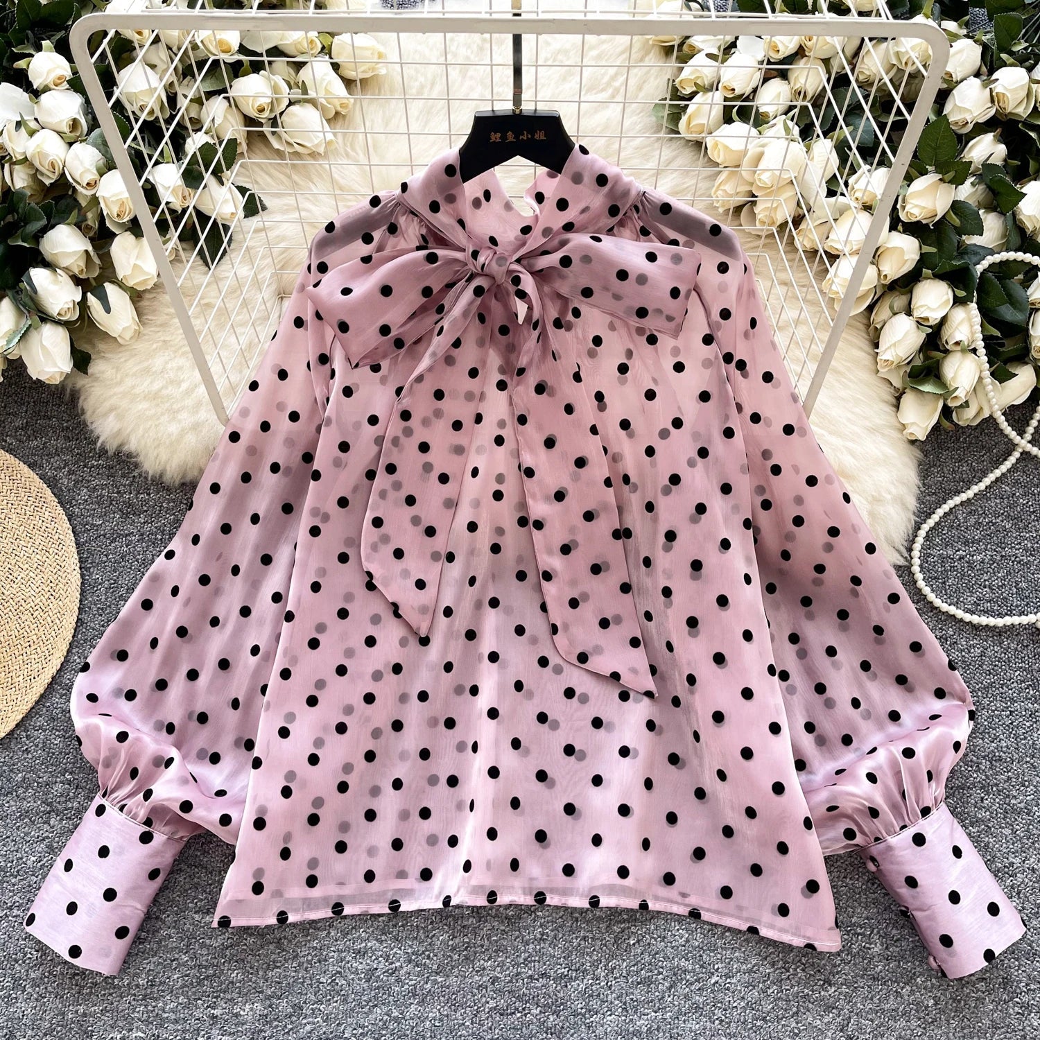 Vintage Polka Dot Tops Puff Sleeve Bow Lace Up Design Blouses - American Thistle Vintage Polka Dot Tops Puff Sleeve Bow Lace Up Design Blouses