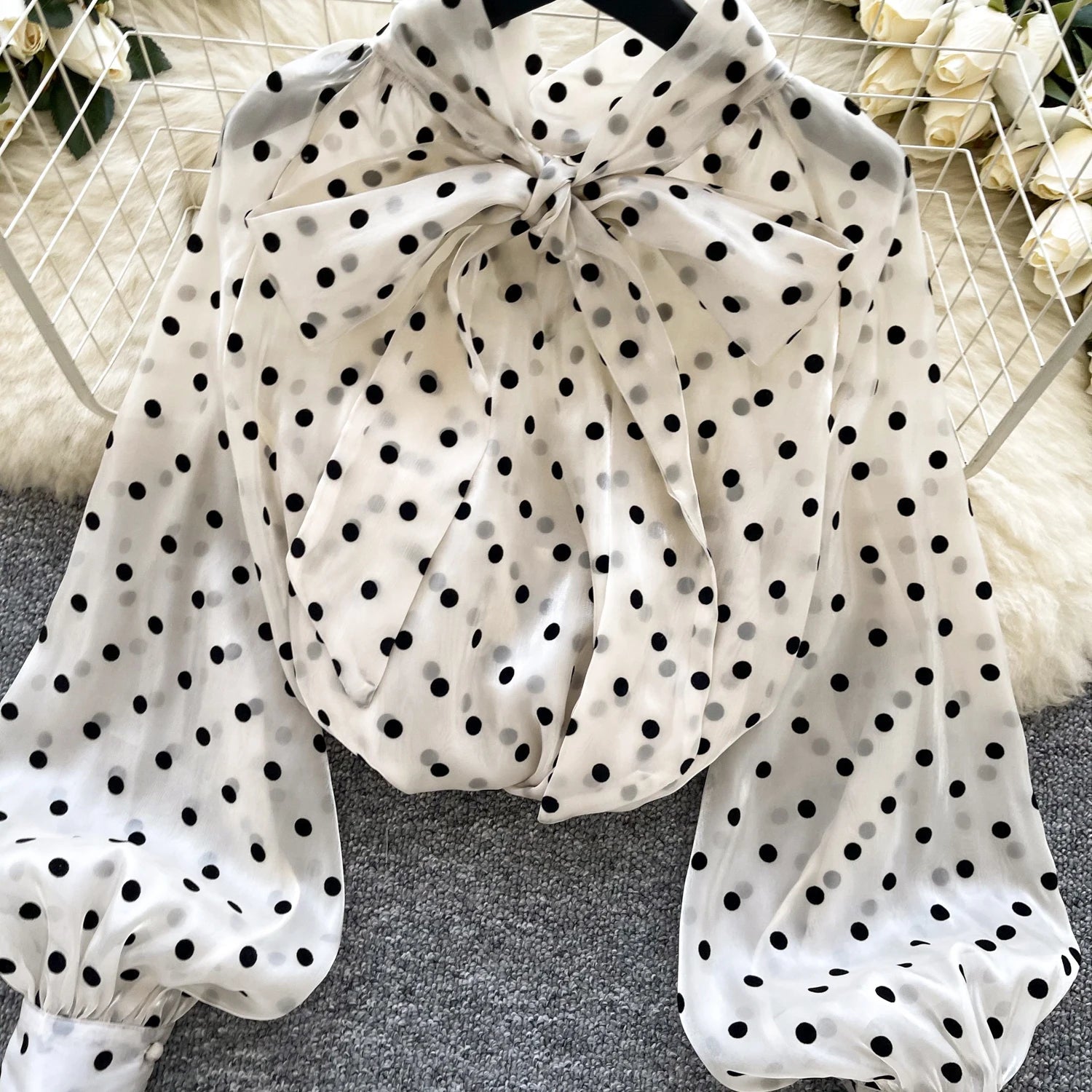 Vintage Polka Dot Tops Puff Sleeve Bow Lace Up Design Blouses - American Thistle Vintage Polka Dot Tops Puff Sleeve Bow Lace Up Design Blouses