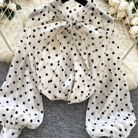 Vintage Polka Dot Tops Puff Sleeve Bow Lace Up Design Blouses - American Thistle Vintage Polka Dot Tops Puff Sleeve Bow Lace Up Design Blouses