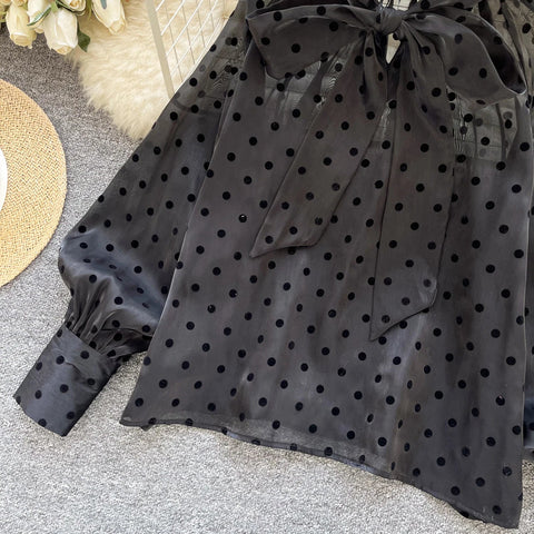 Vintage Polka Dot Tops Puff Sleeve Bow Lace Up Design Blouses - American Thistle Vintage Polka Dot Tops Puff Sleeve Bow Lace Up Design Blouses